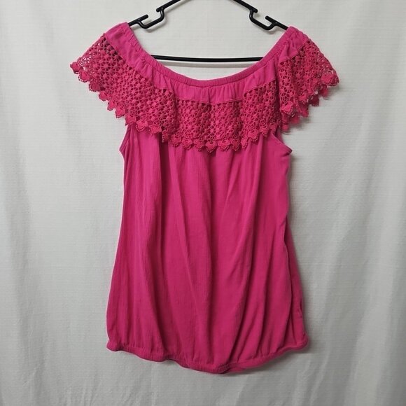 Lane Bryant Sz 14 Pink Off The Shoulder Gauze Lace Blouse Barbie Peasant Boho - Picture 5 of 7